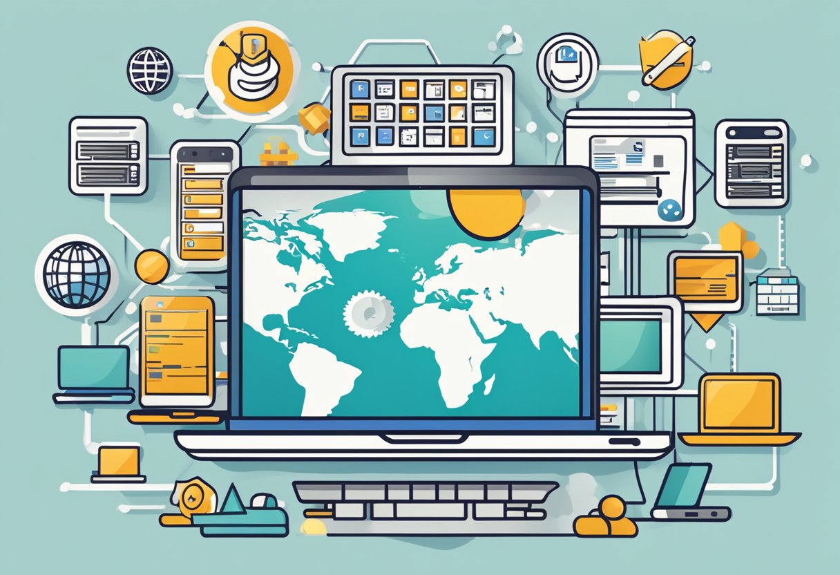 A laptop with a globe on the screen, surrounded by various web hosting icons and symbols