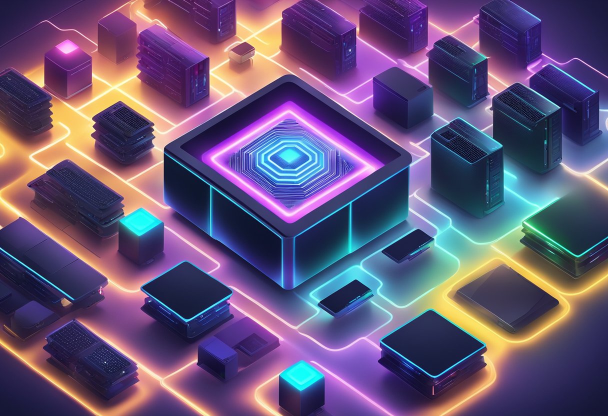 A group of colorful, interconnected computer servers surrounded by a glowing aura, representing the top web hosting providers for beginners