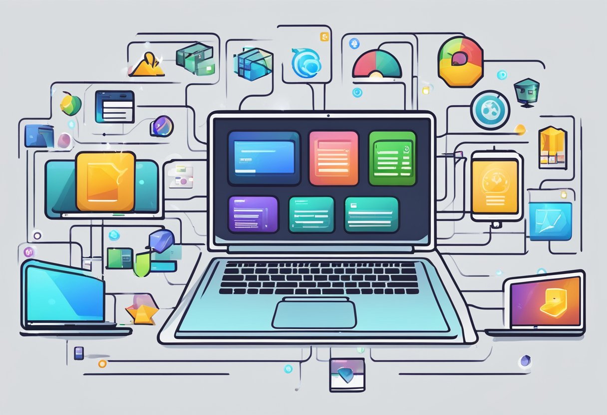 A laptop with a glowing screen surrounded by various icons representing different web hosting features