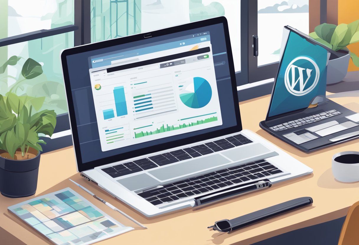 A laptop with a WordPress dashboard open, surrounded by <a rel=