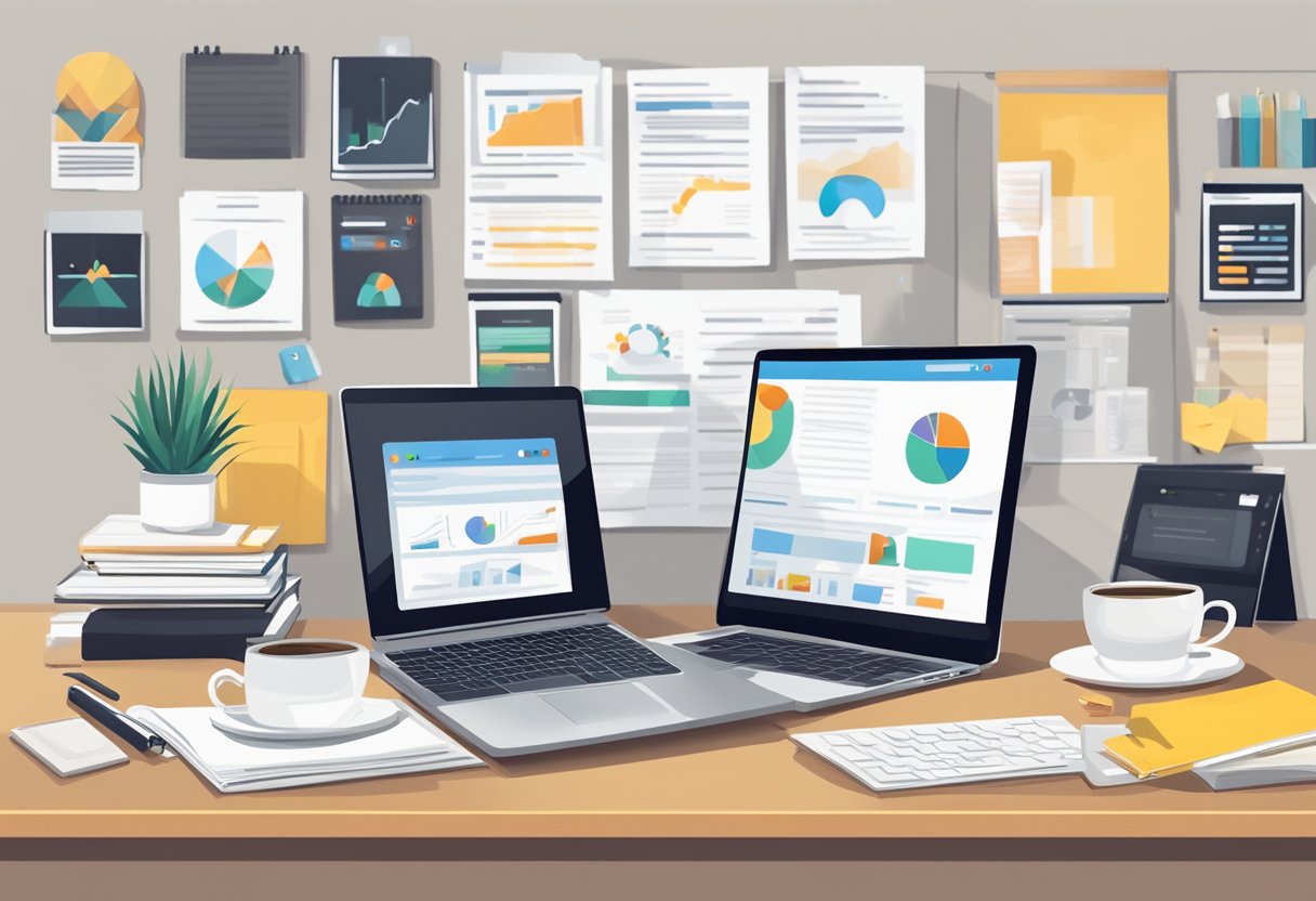 A laptop with multiple open browser tabs, a notebook, and a cup of coffee on a desk with <a rel=