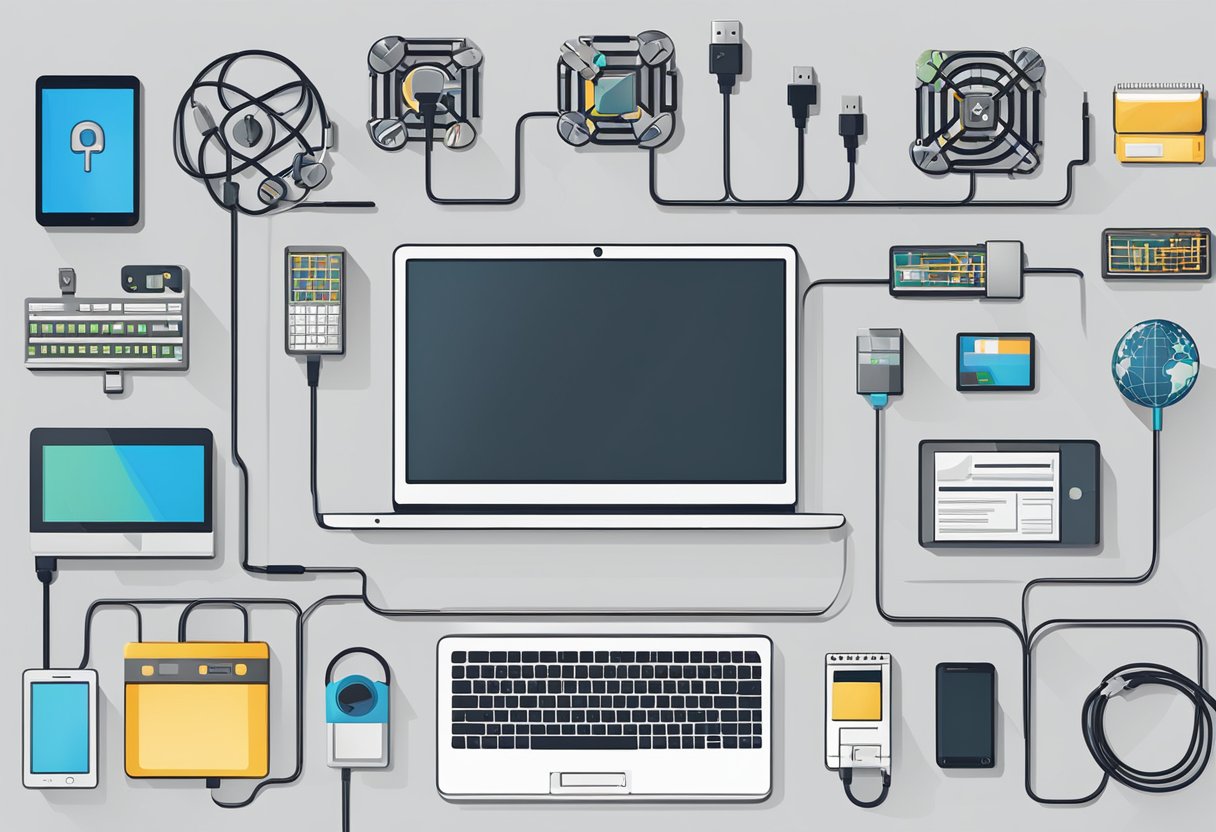 A laptop with a secure lock icon displayed on the screen, surrounded by various electronic devices and network cables