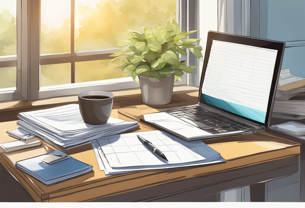 A desk with a computer, coffee mug, and notepad. A stack of papers and a pen sit nearby. A window shows a sunny day outside