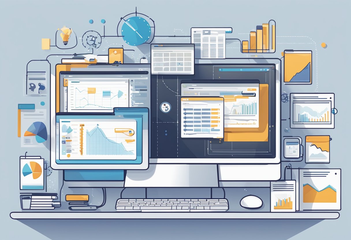 A computer screen displays icons of 5 link building software tools, surrounded by marketing graphics and charts