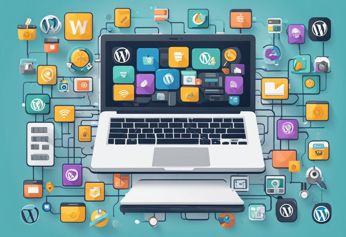 A laptop with WordPress logo surrounded by various plugin icons