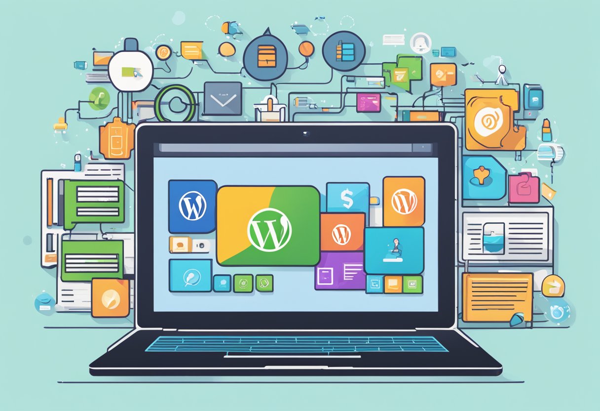 A laptop surrounded by various plugin icons, with a WordPress website displayed on the screen, showcasing advanced features and integration for affiliate marketing