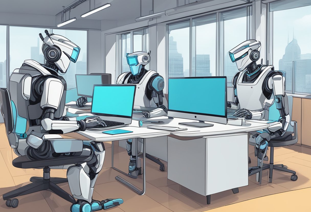 Five AI robots writing articles on laptops in a modern office setting