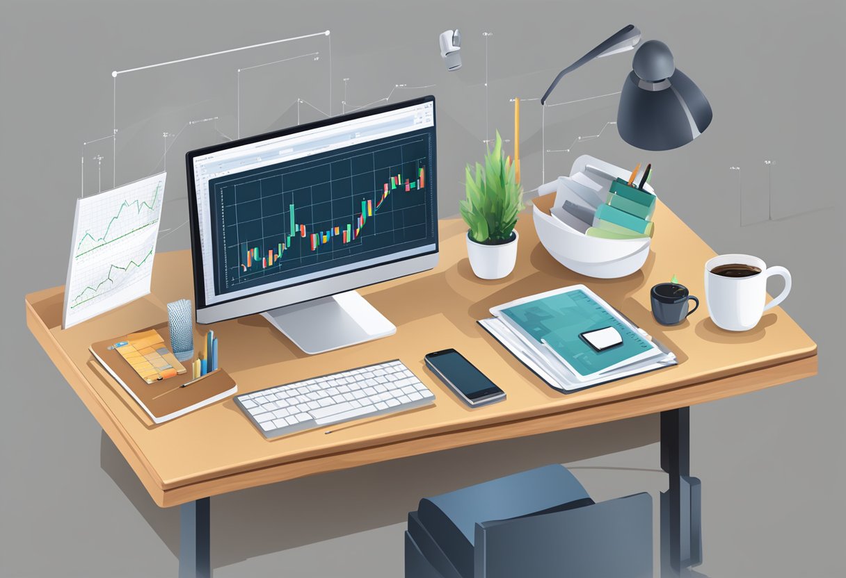 A desk with a computer, notebook, and coffee mug. Various charts and graphs are displayed on the computer screen