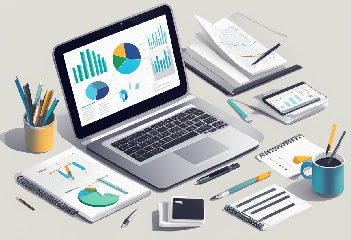 A desk with a laptop, notebook, and various tools for keyword research scattered around. Graphs and charts on the screen