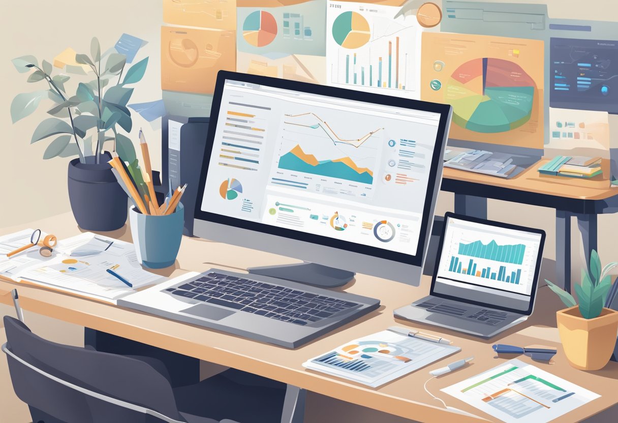 A desk with a computer, notebook, and various keyword research tools spread out. Graphs and charts on the screen show data analysis