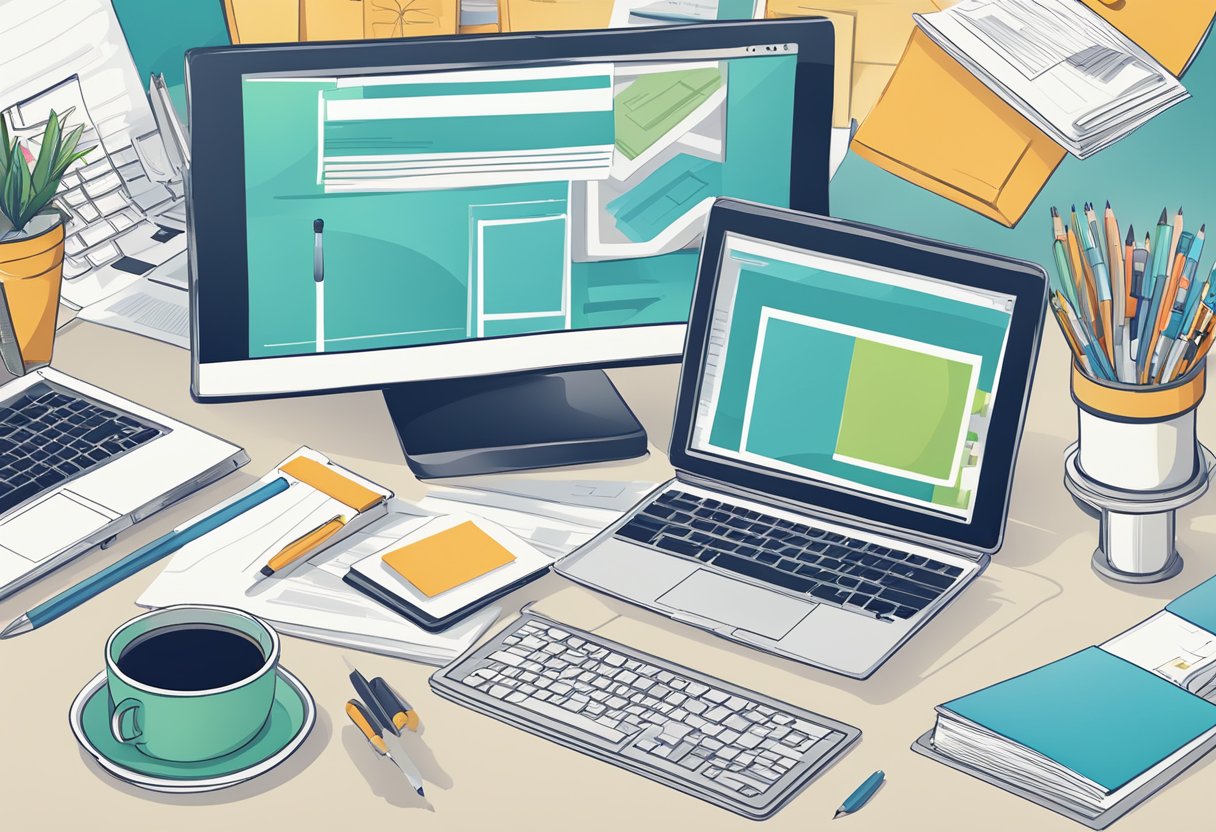 A computer screen showing various WordPress themes with affiliate marketing elements, surrounded by notebooks and pens for brainstorming