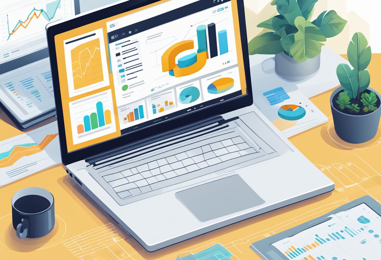 A laptop with a WordPress dashboard open, surrounded by charts and graphs showing increased conversion rates