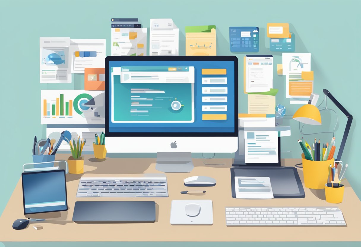 A desk with a computer, mouse, and keyboard surrounded by various marketing tools and software, with the 5 best membership software tools displayed on the screen