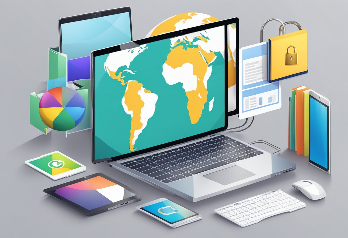 A laptop with a globe and lock symbol, surrounded by various digital devices and marketing materials