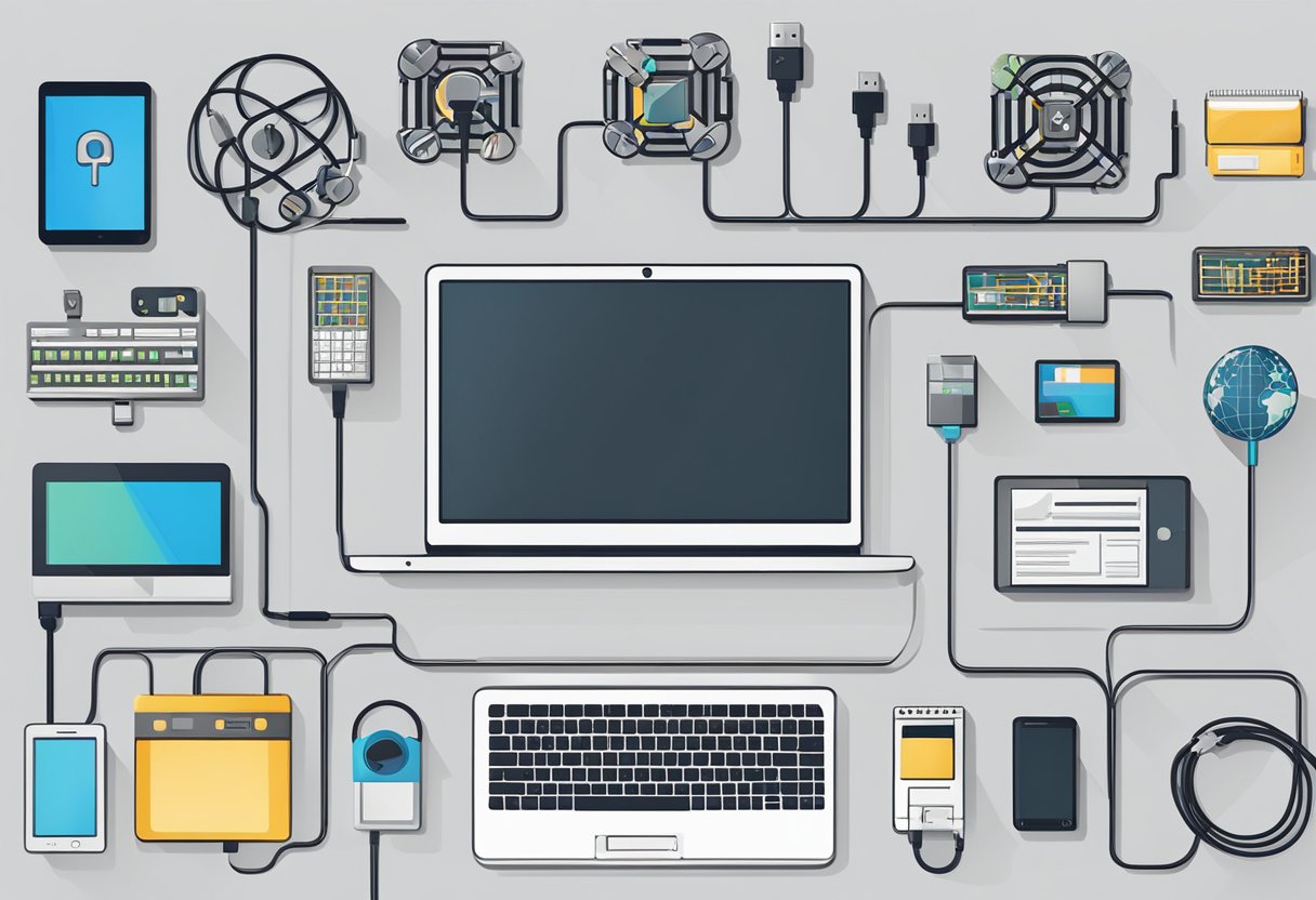 A laptop with a secure lock icon displayed on the screen, surrounded by various electronic devices and network cables