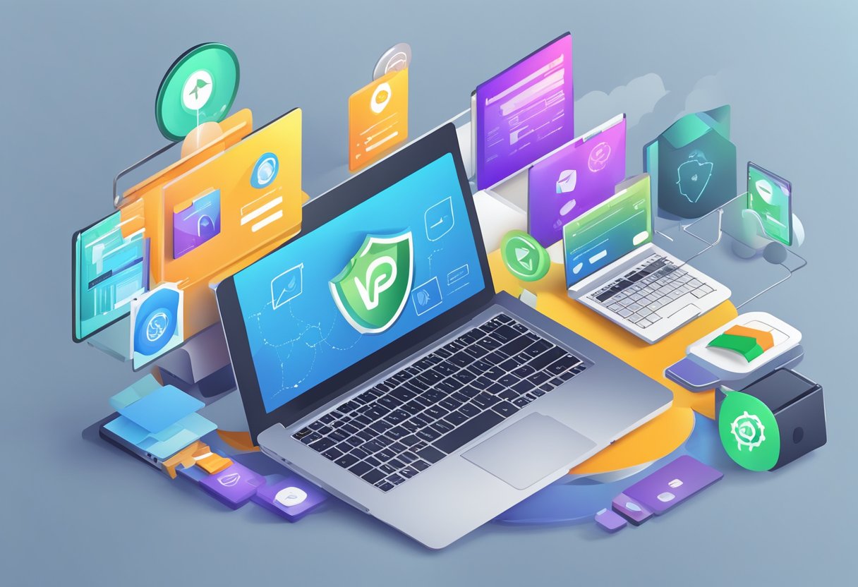 A laptop with VPN and marketing tools icons integrated, surrounded by online marketing materials