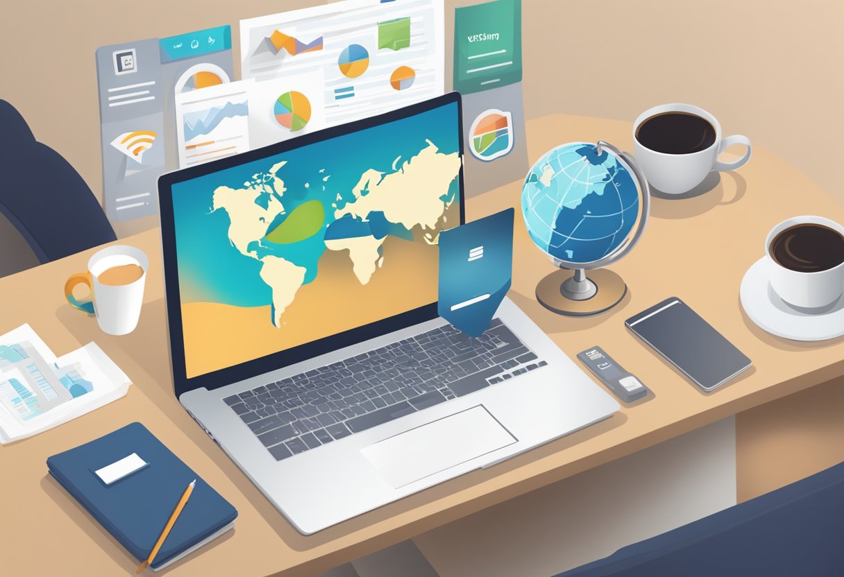 A laptop with multiple tabs open, a mug of coffee, and a globe on a desk, surrounded by marketing materials and a list of top VPN recommendations