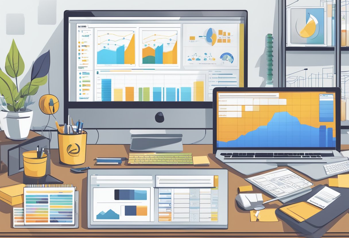 A computer screen displaying various reseller hosting plan options with charts and graphs, surrounded by marketing materials and office supplies