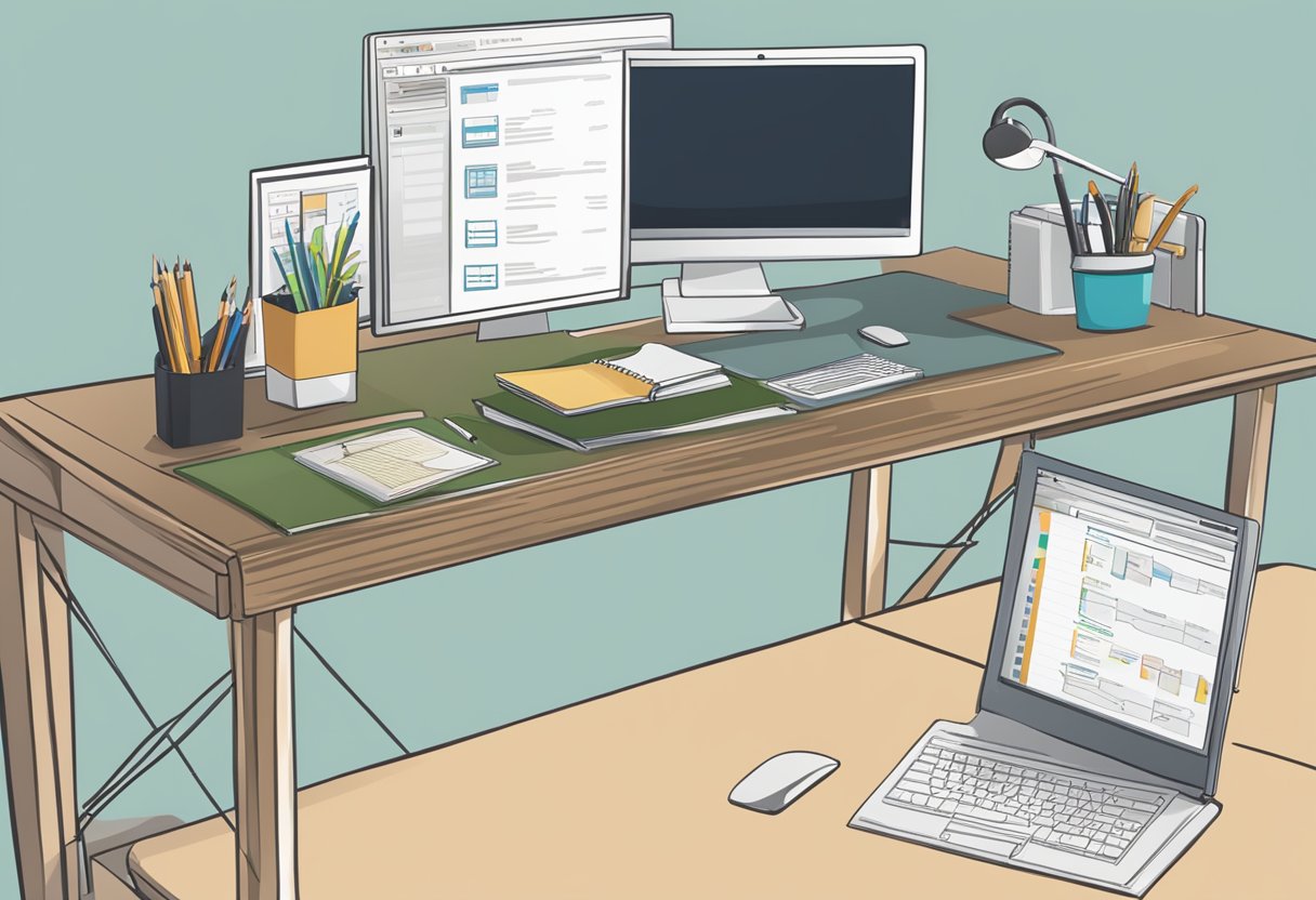 A desk with a computer, notebook, and pen. A chart comparing website builders displayed on the computer screen