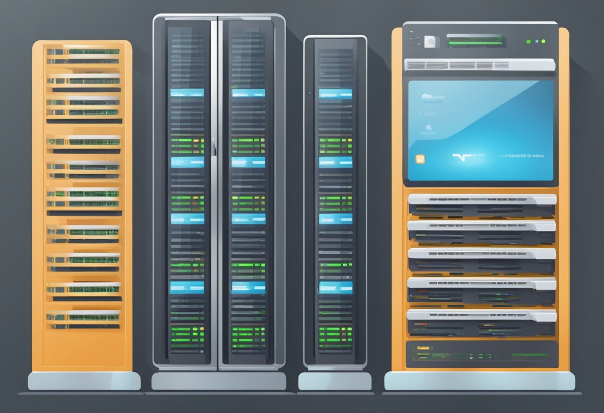 Multiple VPS servers arranged in a row, each with its own unique branding and features displayed on screens. Bright, modern, and professional setting