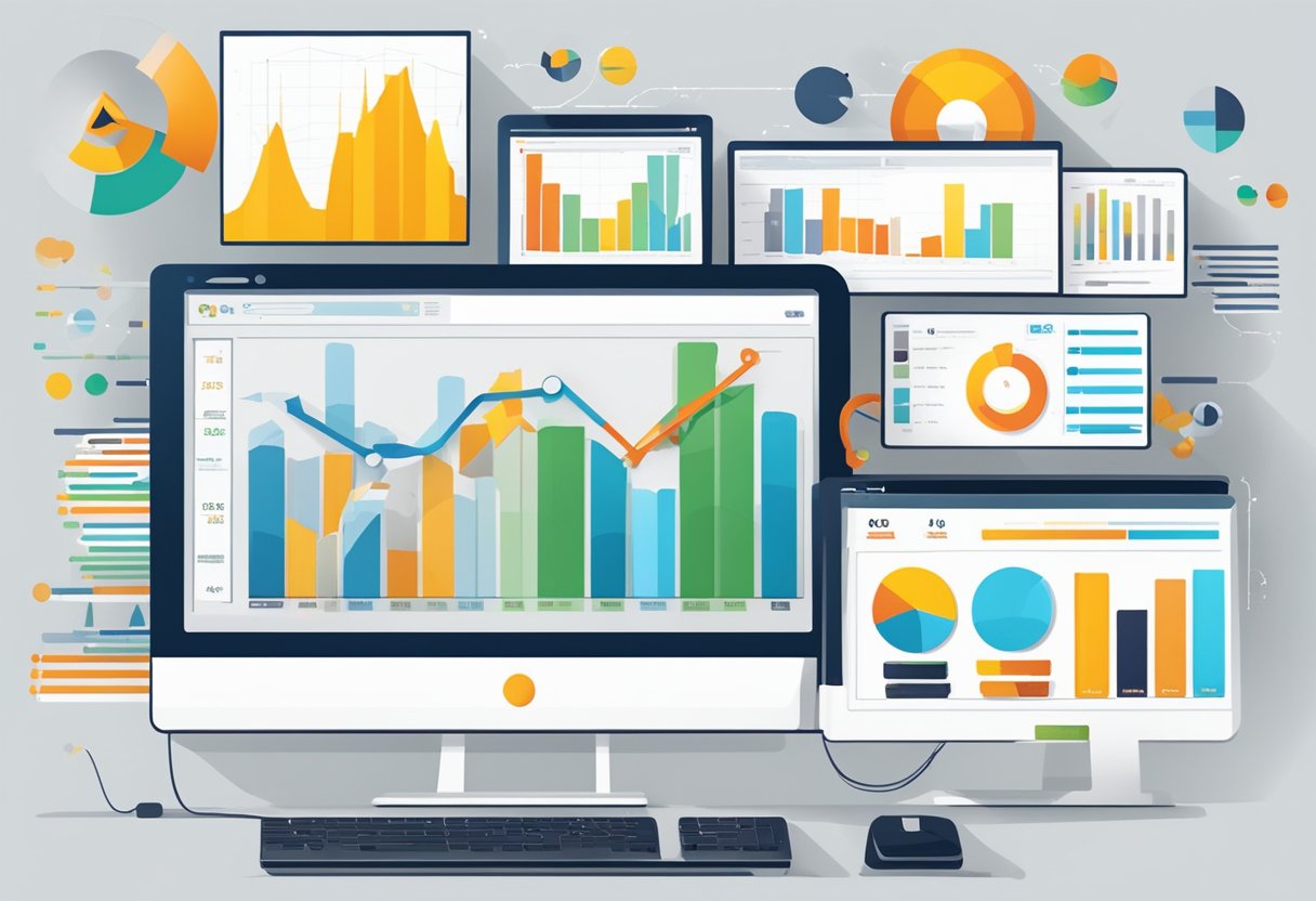 Various VPS hosting logos displayed on a computer screen with charts and graphs showing performance metrics for online marketers