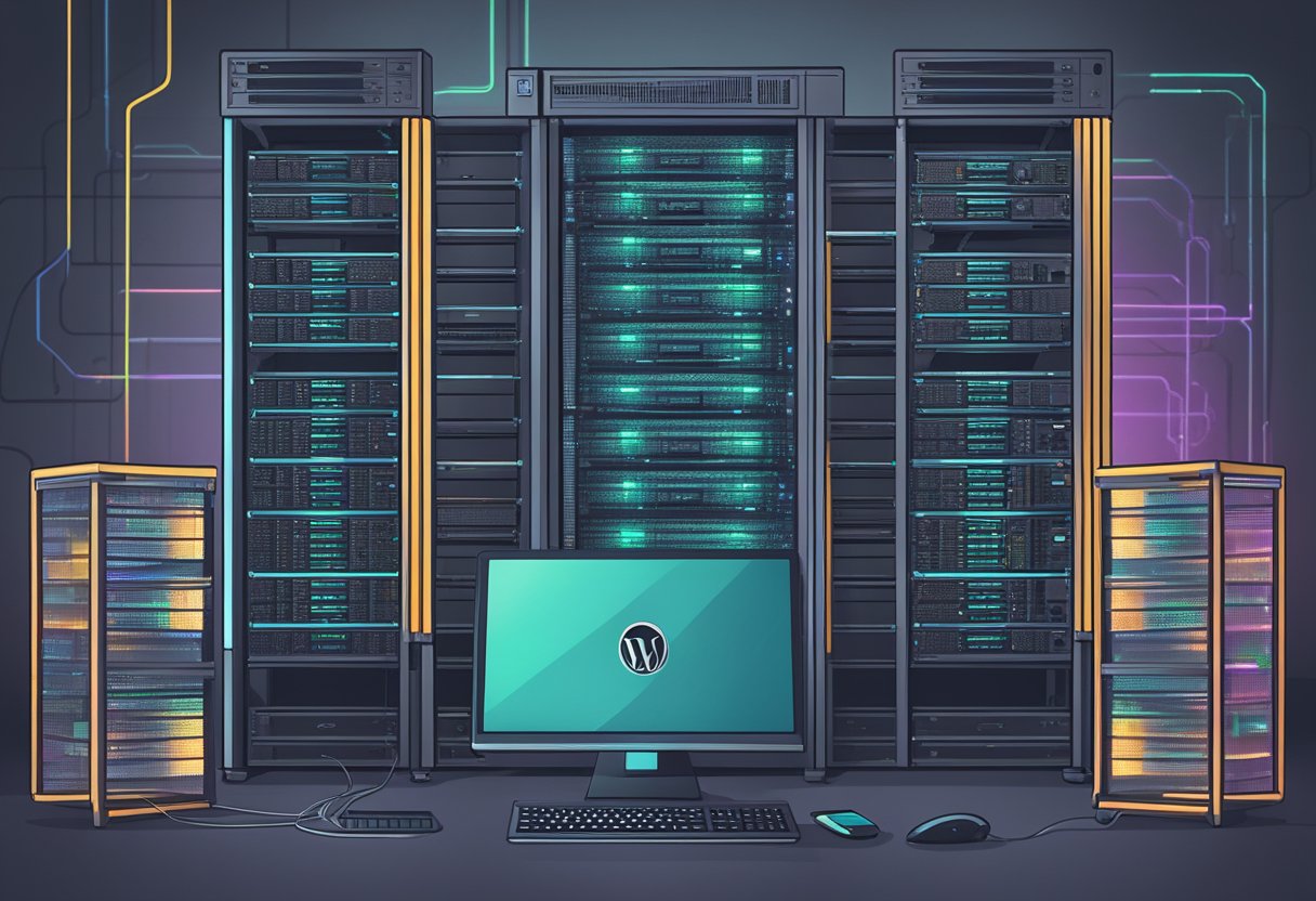 A computer screen displaying a list of top WordPress hosting companies, surrounded by server racks and glowing network cables