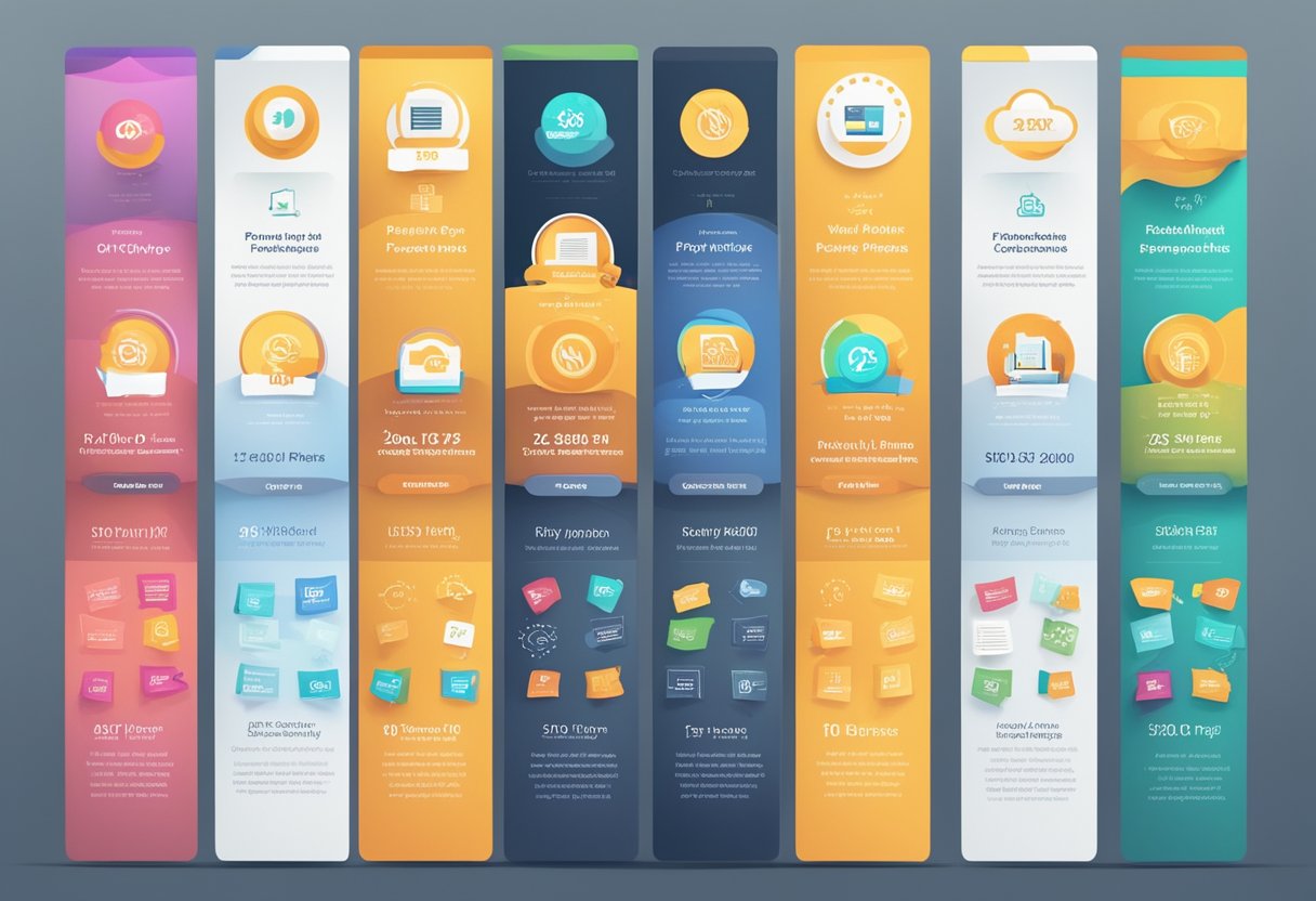 A row of colorful banners with different hosting plans and pricing displayed, surrounded by logos of the most reliable WordPress hosting companies