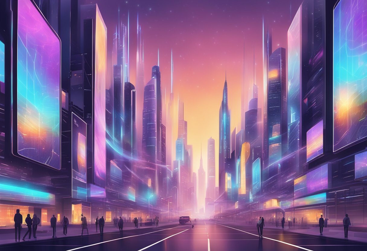 A futuristic cityscape with glowing holographic billboards advertising AI humanizer software solutions for internet marketing