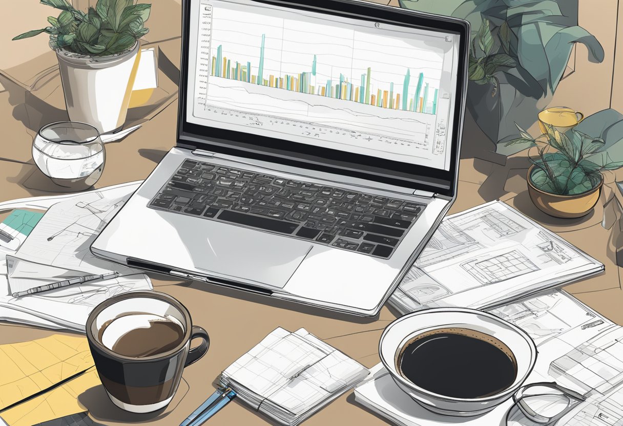 A laptop open on a desk, with various charts and graphs displayed on the screen, surrounded by a cup of coffee and a notebook with scribbled notes