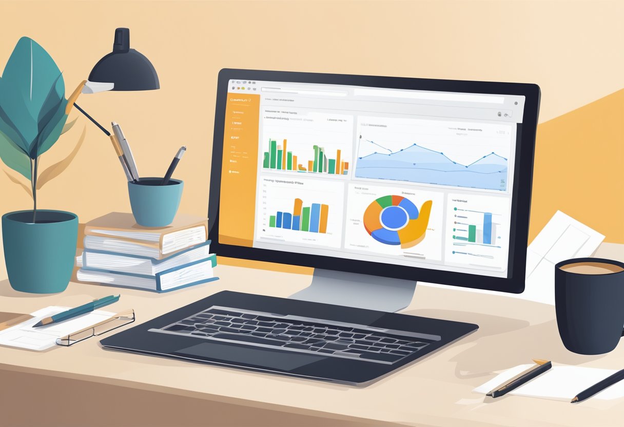 A desk with a computer displaying Google Analytics 5 Best Website Analytics Tools for Marketers. A notebook, pen, and coffee mug are nearby