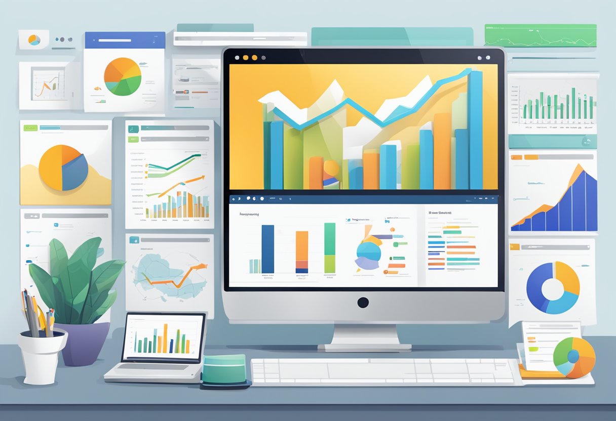 A laptop displaying Adobe Analytics with 5 website analytics tools, surrounded by marketing materials and charts