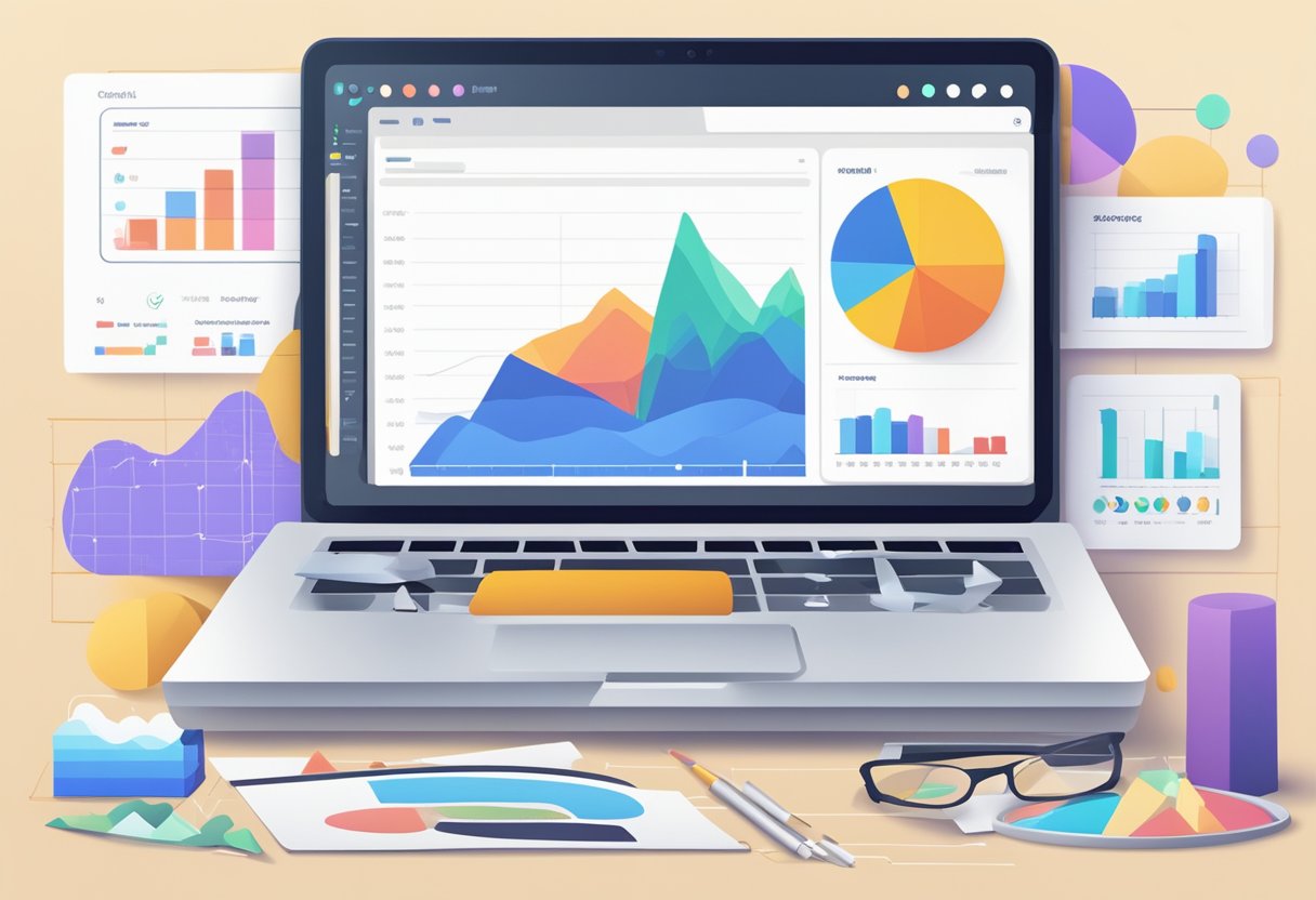 A laptop displaying website analytics tools, surrounded by charts and graphs