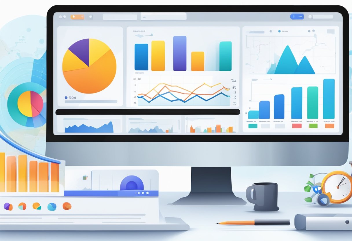 A computer screen displaying graphs and charts of website analytics data with various tools and icons around it