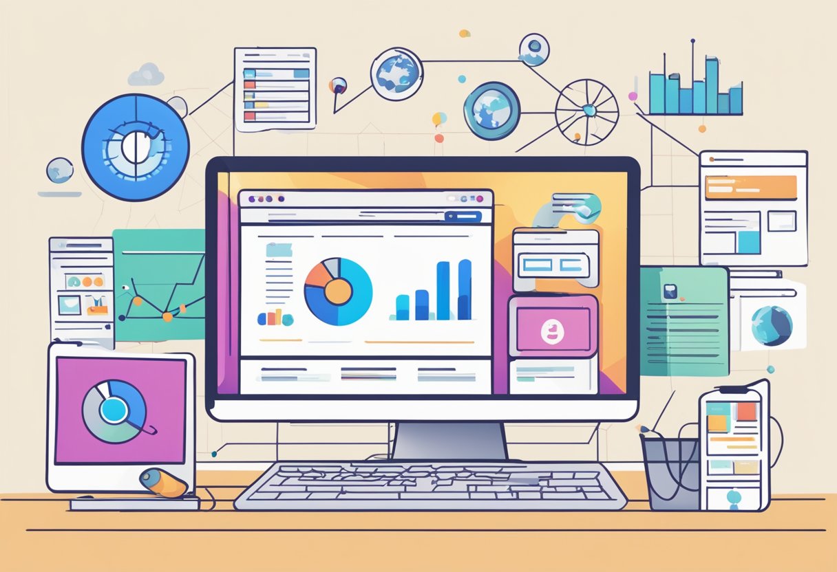 A computer screen with a CRM software interface open, surrounded by various online marketing tools and analytics charts