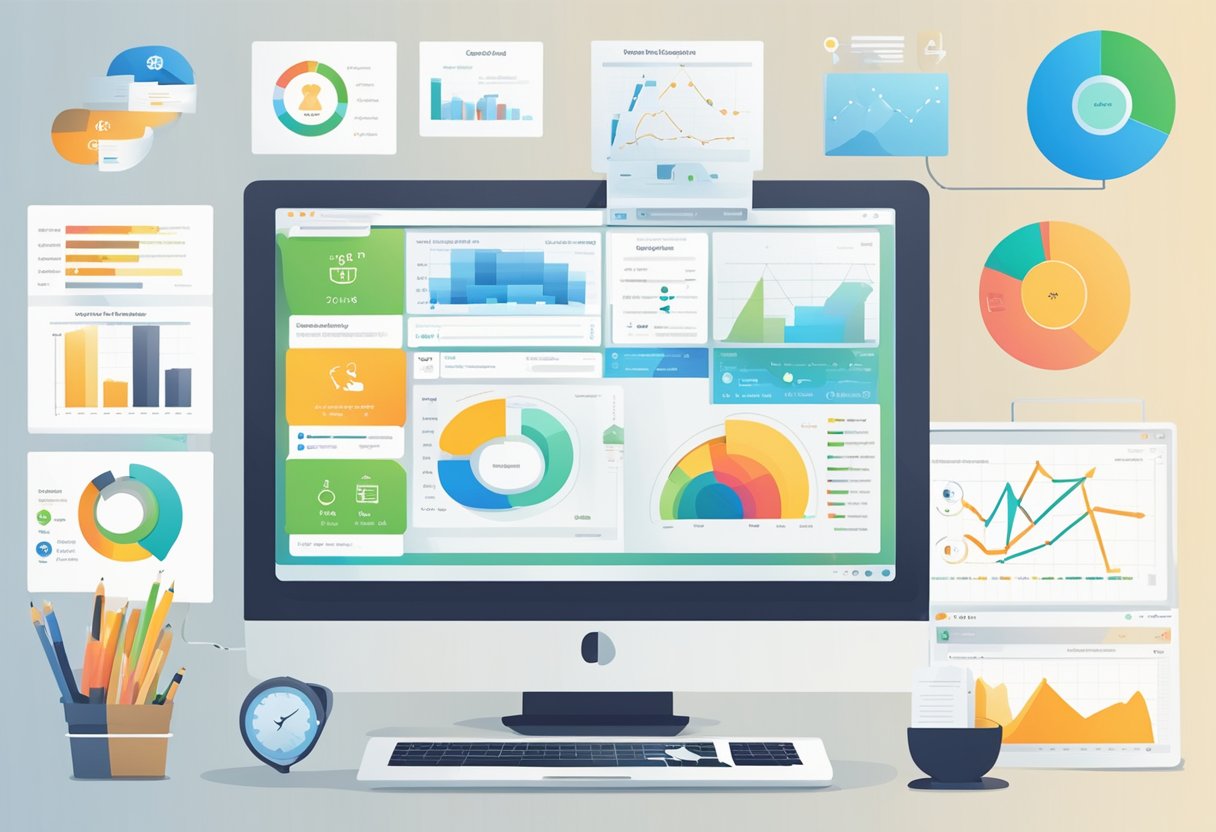 A computer screen showing various CRM software options with marketing data and charts displayed