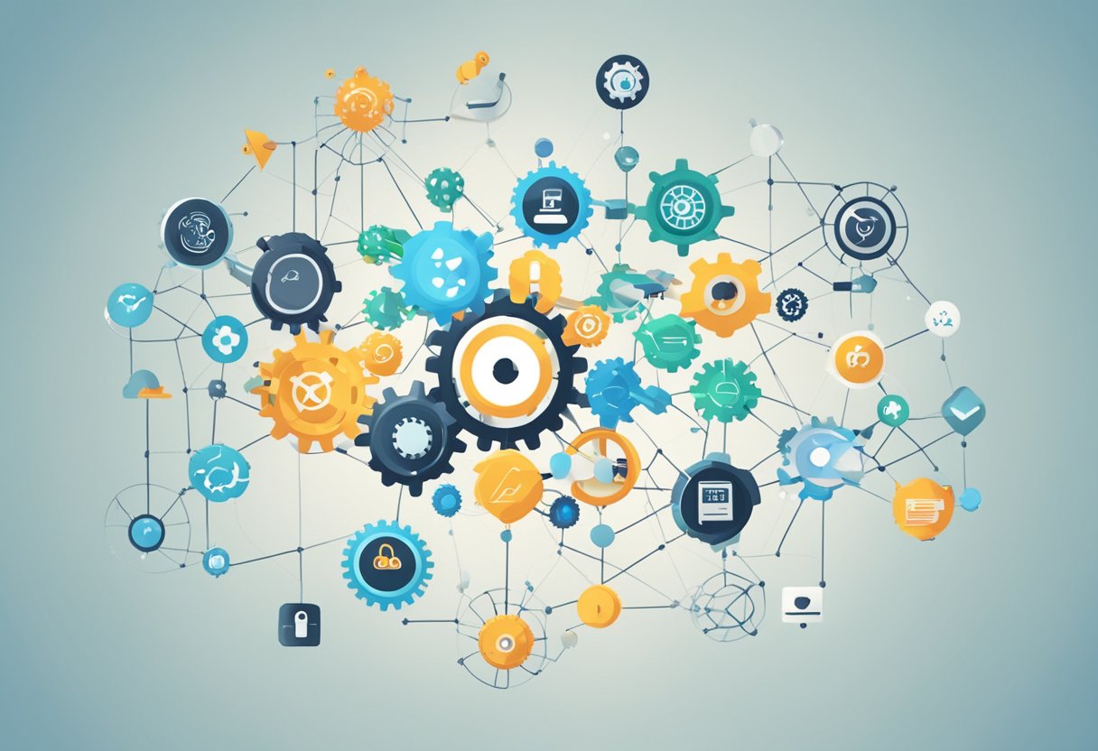 A network of interconnected gears and technology icons, symbolizing CRM integrations and online marketing software