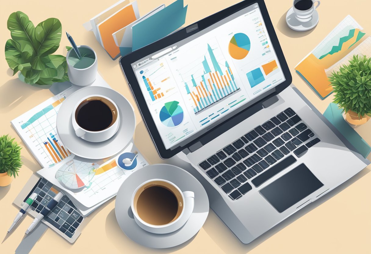 A laptop, smartphone, tablet, and pen sit on a desk, surrounded by charts and graphs. A cup of coffee and potted plant add a touch of warmth to the professional setting