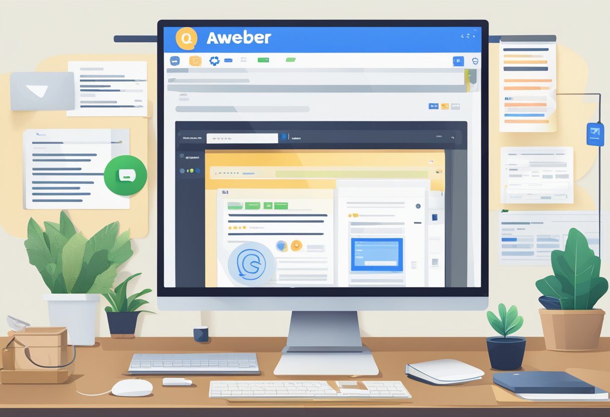 A computer screen displaying the AWeber email software interface, with various features and tools visible