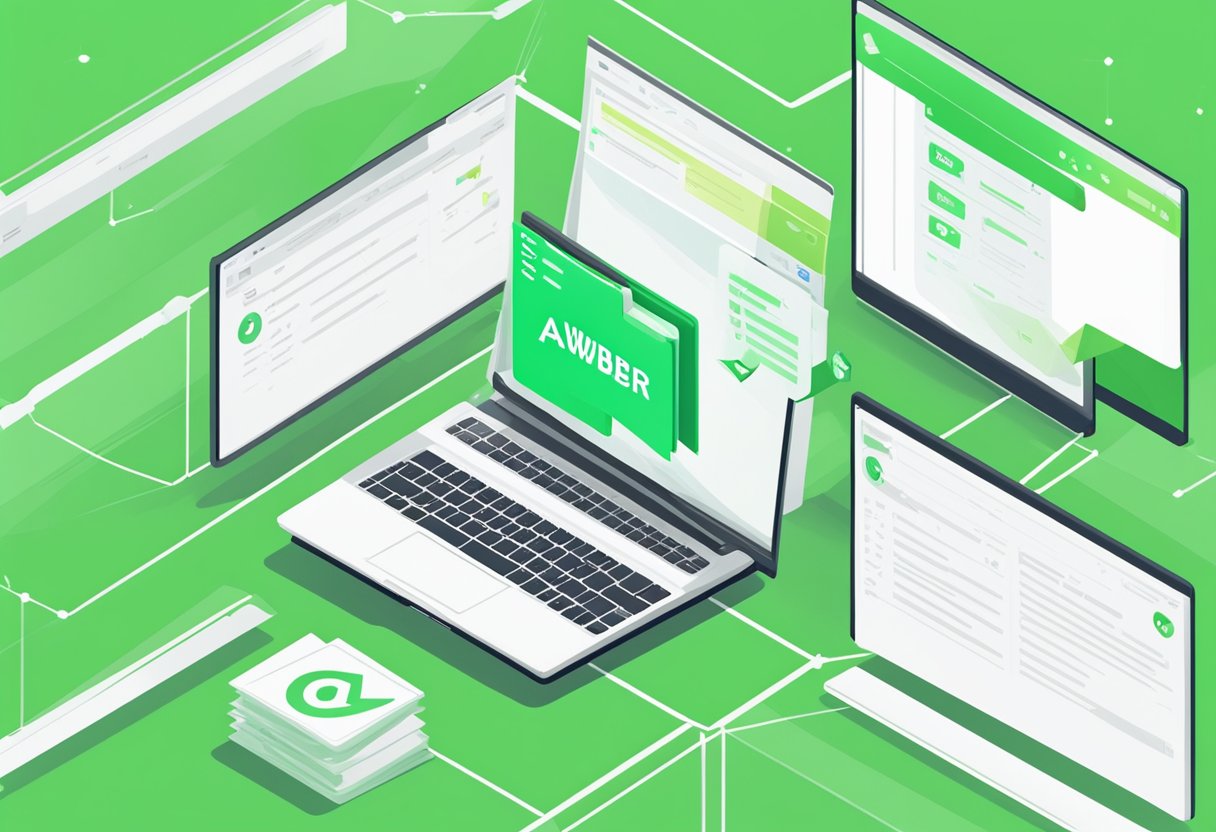 A laptop displaying Aweber email software with a graph showing high deliverability rates, surrounded by glowing green checkmarks