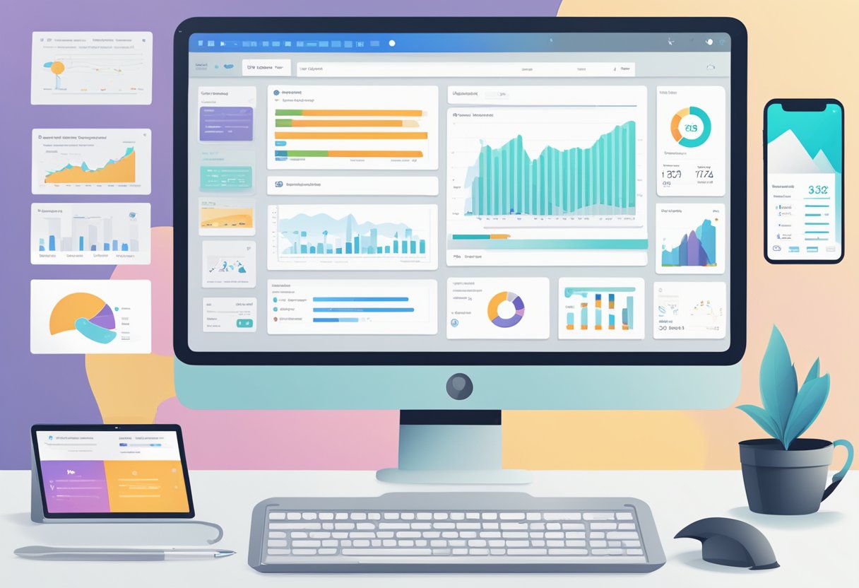 A computer screen displaying the GetResponse interface with various email marketing tools and analytics charts