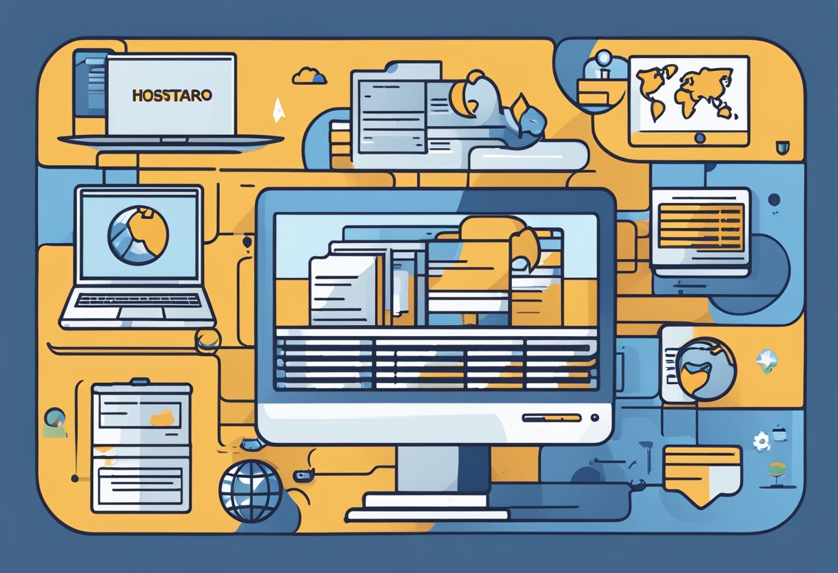 A laptop displaying HostGator's pricing and plans, surrounded by icons of web hosting services and a stylized globe