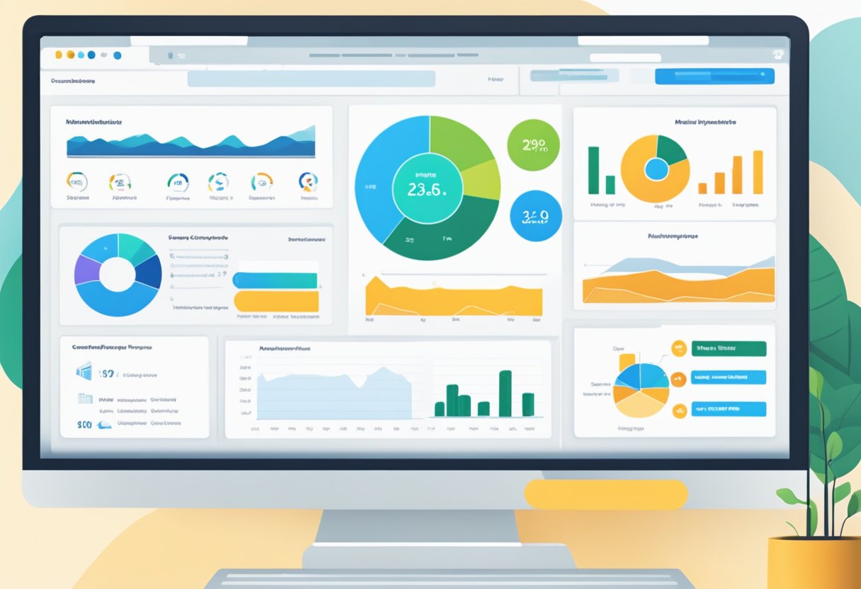 A laptop displaying the MemberPress dashboard with various membership options and analytics charts on the screen