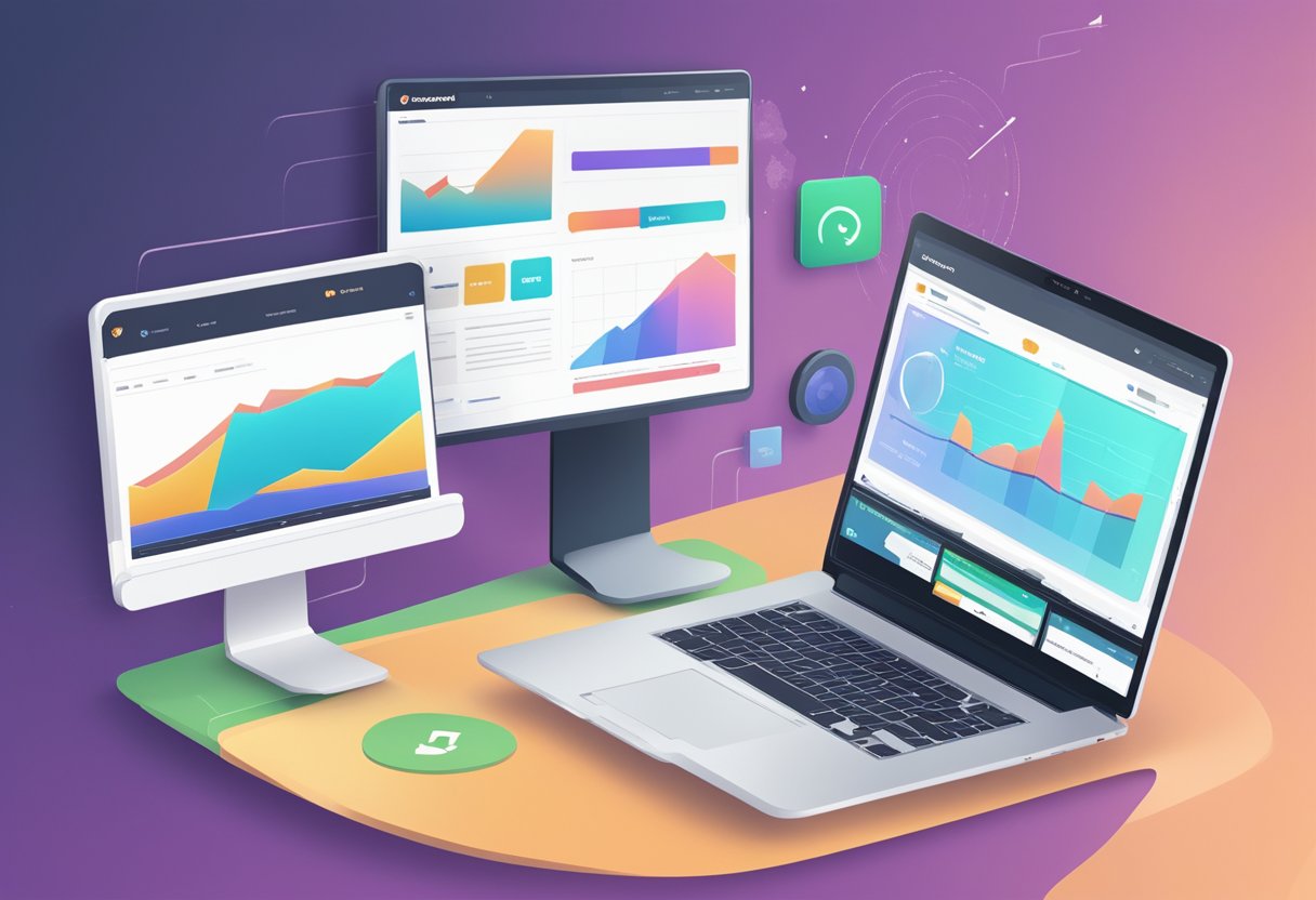 A laptop displaying SiteGround website with high uptime and performance metrics