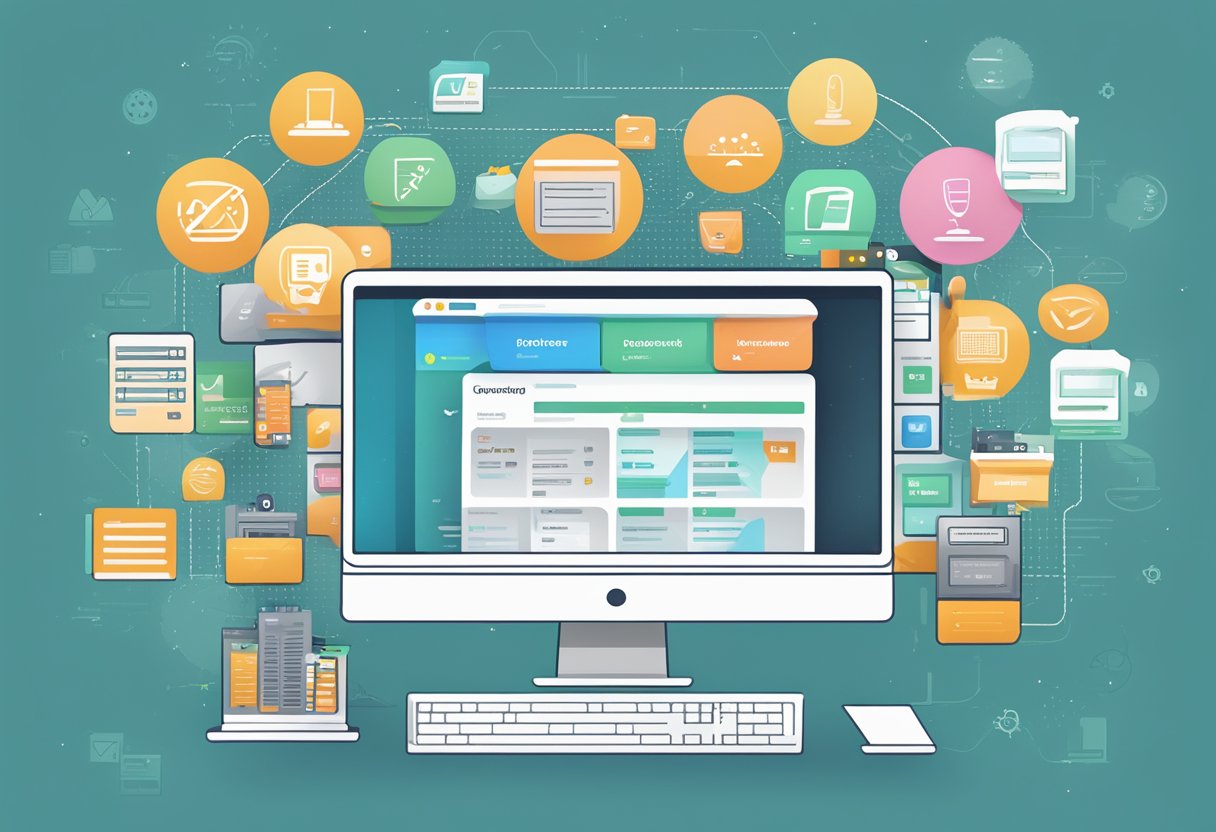 A computer screen displaying the SiteGround website with pricing and plan options, surrounded by icons of web hosting features