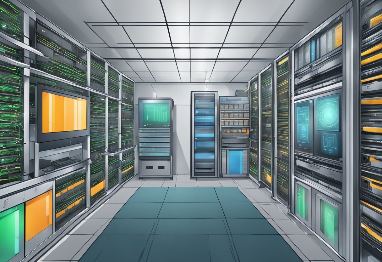 A server room with multiple layers of security features, including biometric scanners, surveillance cameras, and locked access points