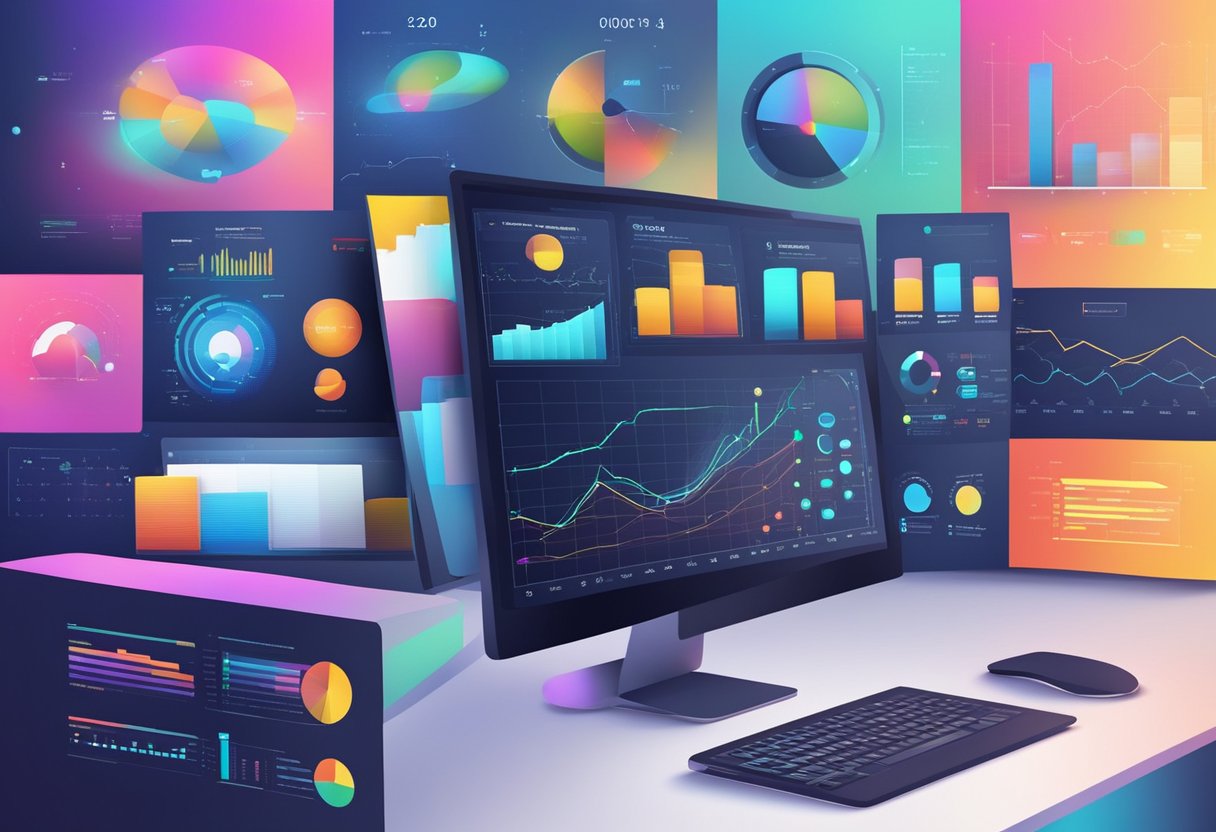 A futuristic computer interface with colorful graphs and data visualizations