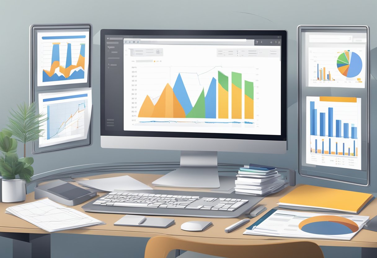 A sleek, modern computer monitor displaying a detailed graph of data, surrounded by a clutter-free desk with a keyboard and mouse