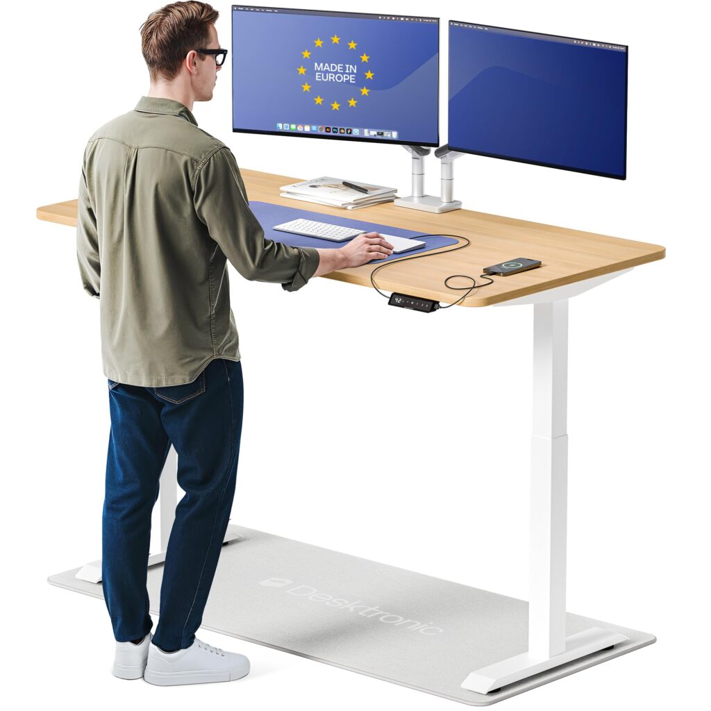 Desktronic HomeOne Standing Desk 60x30 — Ergonomic Sit Stand Home Office Desk, Made in Europe, Electric Dual Motor Height Adjustable, USB & USB-C Charging, Wobble-Free, Touchscreen, 3 Memory Presets White + Oak 60 X 30 in