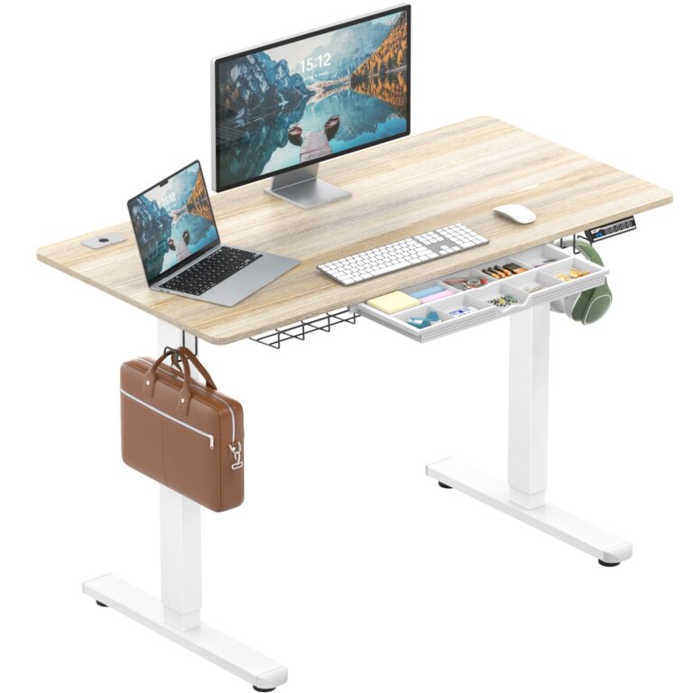 SHW 48-Inch Electric Height Adjustable Standing Desk with Drawer, Memory Preset and Cable Management Tray, Maple 48-Inch Maple