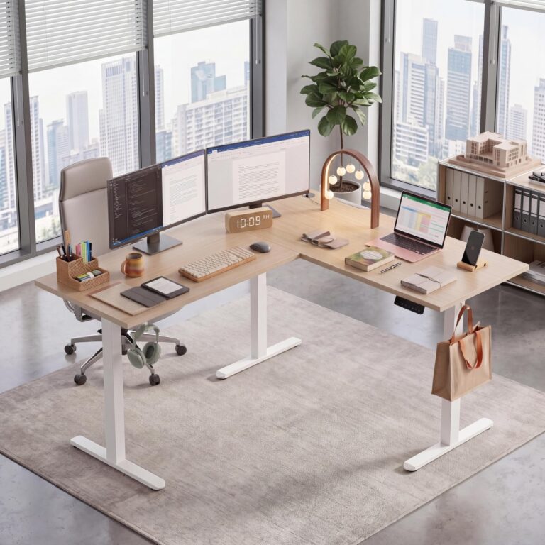 L-Shaped Electric Standing Desk, 63 x 55 Inch Adjustable Corner Desk, 180 lbs Capacity, Memory Controller with 3 Height Presets for Home Office & Gaming Wood-grain/W L-shaped-63" X 55"